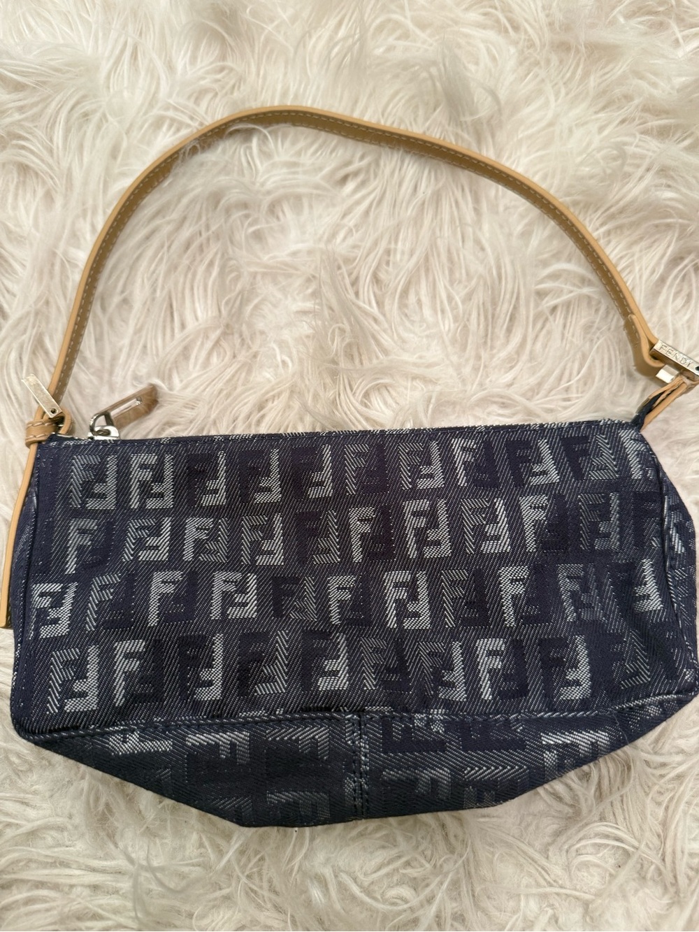 Fendi Navy FF Jacquard Mini Shoulder Bag with Tan Strap and Silver Hardware